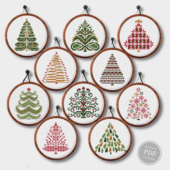 Preview of Christmas Tree Cross Stitch Patterns Set 4-3 Inch Christmas Embroidery Hoop Christmas Home Decor PDF Instant Digital Download 498 by NARAxStitchPatterns