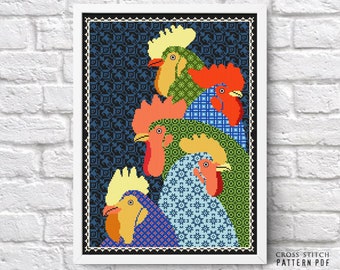 Rooster cross stitch Chicken cross stitch pattern PDF Farmhouse stitching Counted cross stitch Rustic, Poultry, Instant download