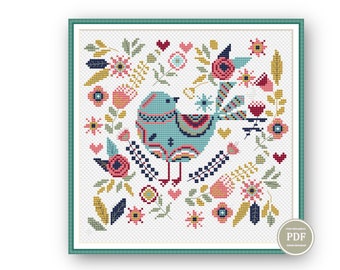 Nordic Cross Stitch Pattern Bird Primitive Nordic Style Embroidery Digital PDF File Instant Download