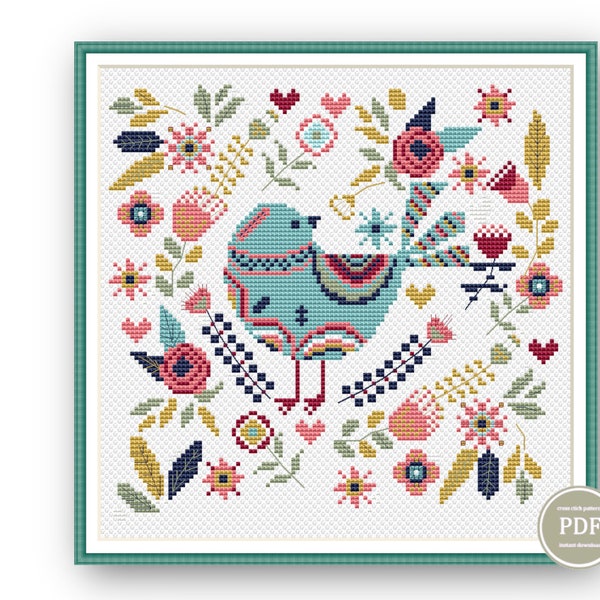 Patrón PDF de punto de cruz de pájaro nórdico - Bordado popular primitivo en PDF - Muestrario floral de estilo moderno - Descarga instantánea 171