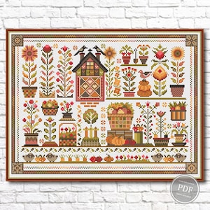 Schema punto croce Raccolto autunnale. Primitivo floreale. Sampler autunnale. Punto croce moderno. Download PDF digitale istantaneo di Autumn House