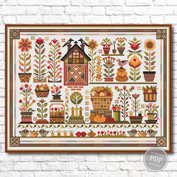 Preview of Cross stitch pattern Autumn harvest. Floral primitive. Autumn sampler. Modern cross stitch. Autumn House Instant Digital PDF Download by NARAxStitchPatterns