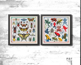 Ensemble de motifs de point de croix nature, point de croix grenouilles, point de croix insectes, point de croix animaux, broderie moderne PDF Téléchargement instantané