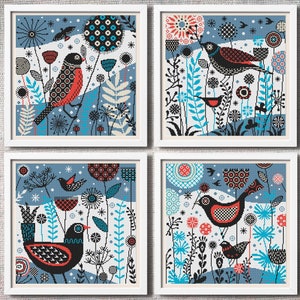 Cross stitch pattern PDF Set of 4 Nordic style Bird cross stitch chart Primitive xstitch Winter ornament Simple embroidery