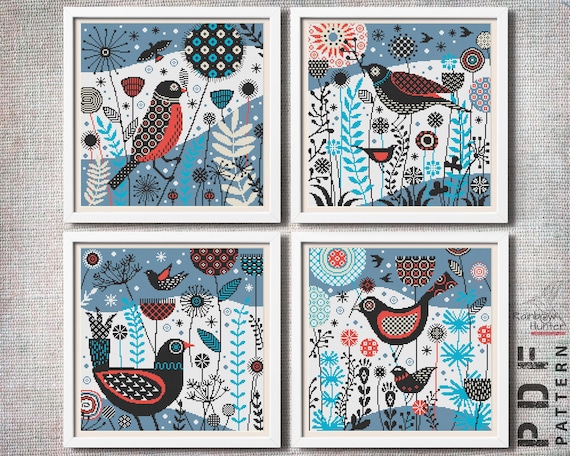 Preview of Cross stitch pattern PDF Set of 4 Nordic style Bird cross stitch chart Primitive xstitch Winter ornament Simple embroidery by NARAxStitchPatterns