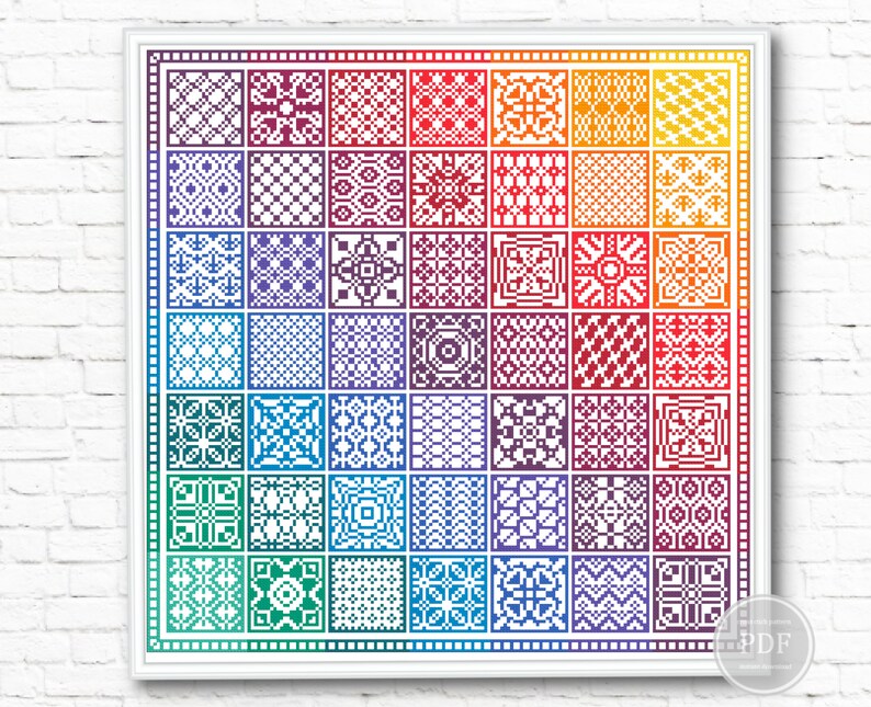 Rainbow Cross Stitch Sampler PDF – Colorful Patchwork Embroidery ...