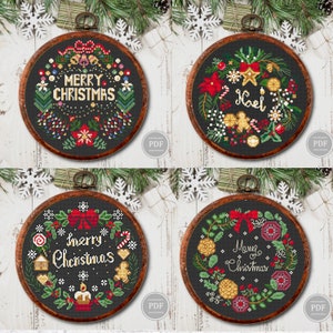 Frohe Weihnachten Kranz Kreuzstich Muster Set - Urlaub Hoop Art, Weihnachtsstickerei Design PDF, festliche Wanddekoration Sofortdownload 394