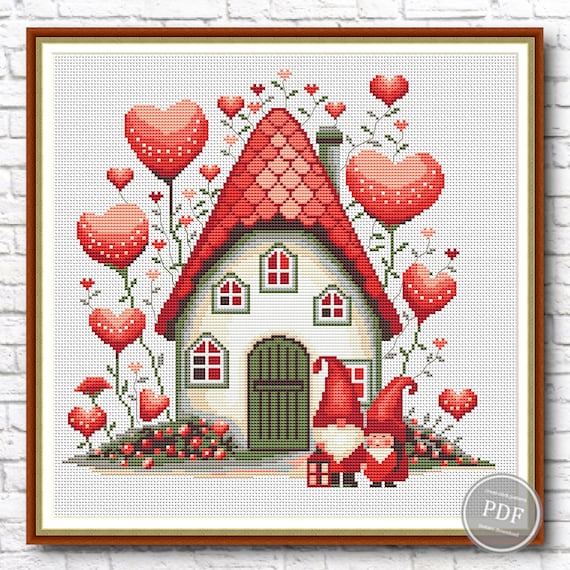 Preview of Valentine Gnome Cross Stitch PDF, Cute Heart Cottage Embroidery Pattern, Funny Love Sampler for Couples – Instant Digital Download Chart 416 by NARAxStitchPatterns