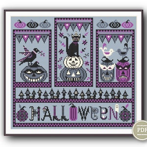 Halloween Triptych Cross Stitch Pattern Spooky Halloween Pumpkin Cat Crow PDF File Instant Download