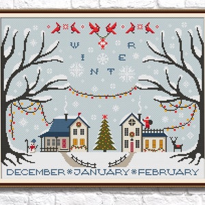 Kruissteek Winterdorp Kerstboom kruissteek Primitieve xstitch Eenvoudig borduurwerk Huis kruissteekschema Digitale PDF