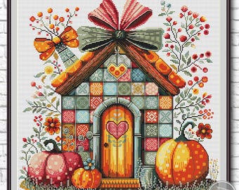 Gráfico de ponto cruz: Casa encantadora com abóboras. Outono. Gráfico de ponto cruz rústico. Casa de arte folclórica. Download instantâneo em PDF 551