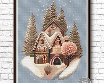 Christmas House Cross Stitch Pattern – Winter Forest Cottage, Cozy Holiday Embroidery PDF, Primitive Home Scene for Christmas Décor 400