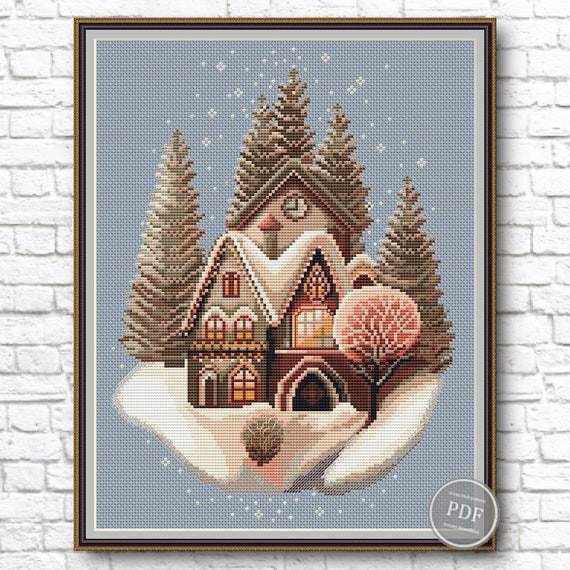 Preview of Christmas House Cross Stitch Pattern – Winter Forest Cottage, Cozy Holiday Embroidery PDF, Primitive Home Scene for Christmas Décor 400 by NARAxStitchPatterns