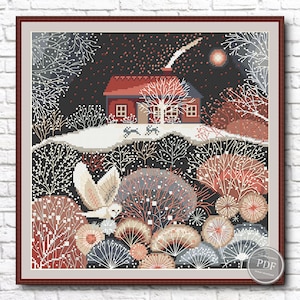 Winter Cross Stitch, Scandinavian Style Owl, Winter Forest Cross Stitch, Winter House Modern Cross Stitch, Digital PDF File, 378