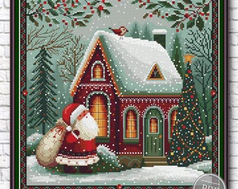 Patrón de punto de cruz de Feliz Navidad con Papá Noel, cabaña nevada y árbol de Navidad PDF 581