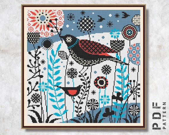 Preview of Counted cross stitch pattern PDF Scandinavian style Primitive xstitch Nordic bird Simple embroidery Winter cross stitch chart by NARAxStitchPatterns