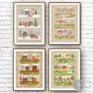 Cross Stitch Pattern Sampler 4 seasons pattern set Village Embroidery Digital PDF File Instant Download