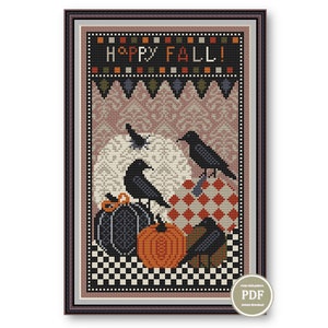 Halloween Sampler Cross Stitch Pattern Pumpkins and Crow  Happy Fall PDF File Instant Download