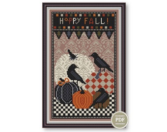 Halloween Sampler Cross Stitch Pattern Pumpkins and Crow  Happy Fall PDF File Instant Download