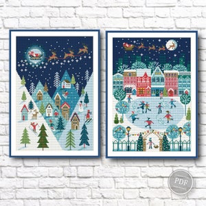 Joyeux Noël point de croix ensemble PDF - village d'hiver et patinage sur glace paysage urbain motifs de broderie décoration des fêtes téléchargement immédiat 410
