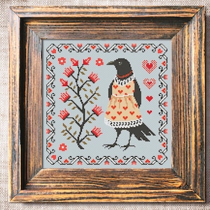 Patrón de punto de cruz de muestra de cuervo PDF Corazones xstitch Bordado simple Punto de cruz primitivo Gráfico de punto de cruz contado