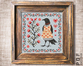 Crow sampler cross stitch pattern PDF Hearts xstitch Simple embroidery Primitive cross stitch Counted cross stitch chart