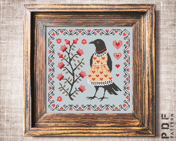 Preview of Crow sampler cross stitch pattern PDF Hearts xstitch Simple embroidery Primitive cross stitch Counted cross stitch chart by NARAxStitchPatterns
