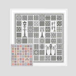 Side-by-side framed mockup showing the colorful and monochrome versions of the lantern sampler, included in the printable PDF.