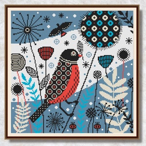 Winter cross stitch pattern PDF Nordic bird Simple embroidery Scandinavian Counted cross stitch chart Primitive xstitch Easy