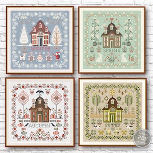 Cross Stitch Pattern Set Sampler 4 Seasons Village Home & Garden Embroidery Digital PDF File Instant Download