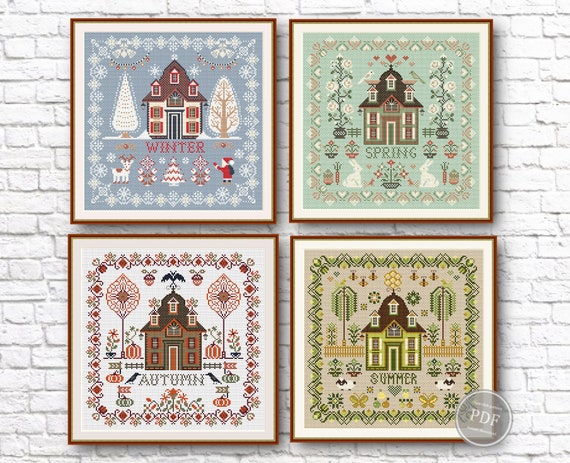 Preview of Cross Stitch Pattern Set Sampler 4 Seasons Village Home & Garden Embroidery Digital PDF File Instant Download by NARAxStitchPatterns