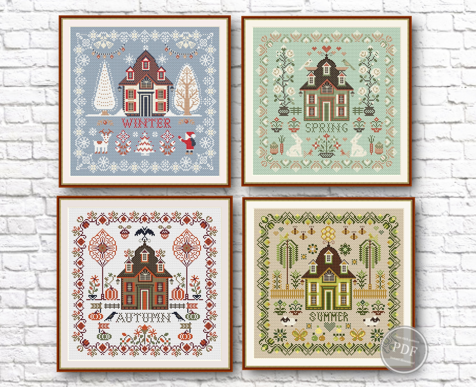 Cross Stitch Pattern Set Sampler 4 Seasons Village Home & Garden Embroidery Digital PDF File Instant Download