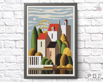 Cross stitch pattern Minimalistic style cross stitch chart Houses cross stitch Primitive xstitch Easy stitching Modern embroidery