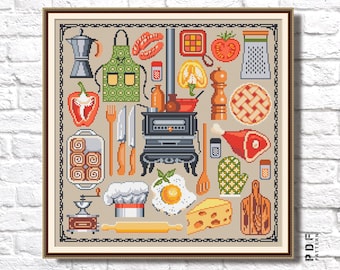 Kitchen sampler cross stitch Cozy cross stitch chart Food cross stitch Old oven Kitchen collage embroidery Digital download