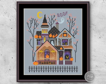 Cross Stitch Sampler Halloween Haunted House. Pumpkins Scary Halloween Modern Template Pdf File