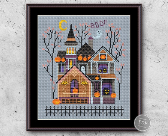 Preview of Cross Stitch Sampler Halloween Haunted House. Pumpkins Scary Halloween Modern Template Pdf File by NARAxStitchPatterns
