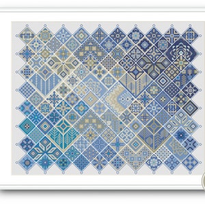 Patrón PDF de muestrario de punto de cruz geométrico azul: gráfico de bordado de inspiración étnica y folklórica árabe; diseño moderno de mosaico cuadrado para decoración de paredes.