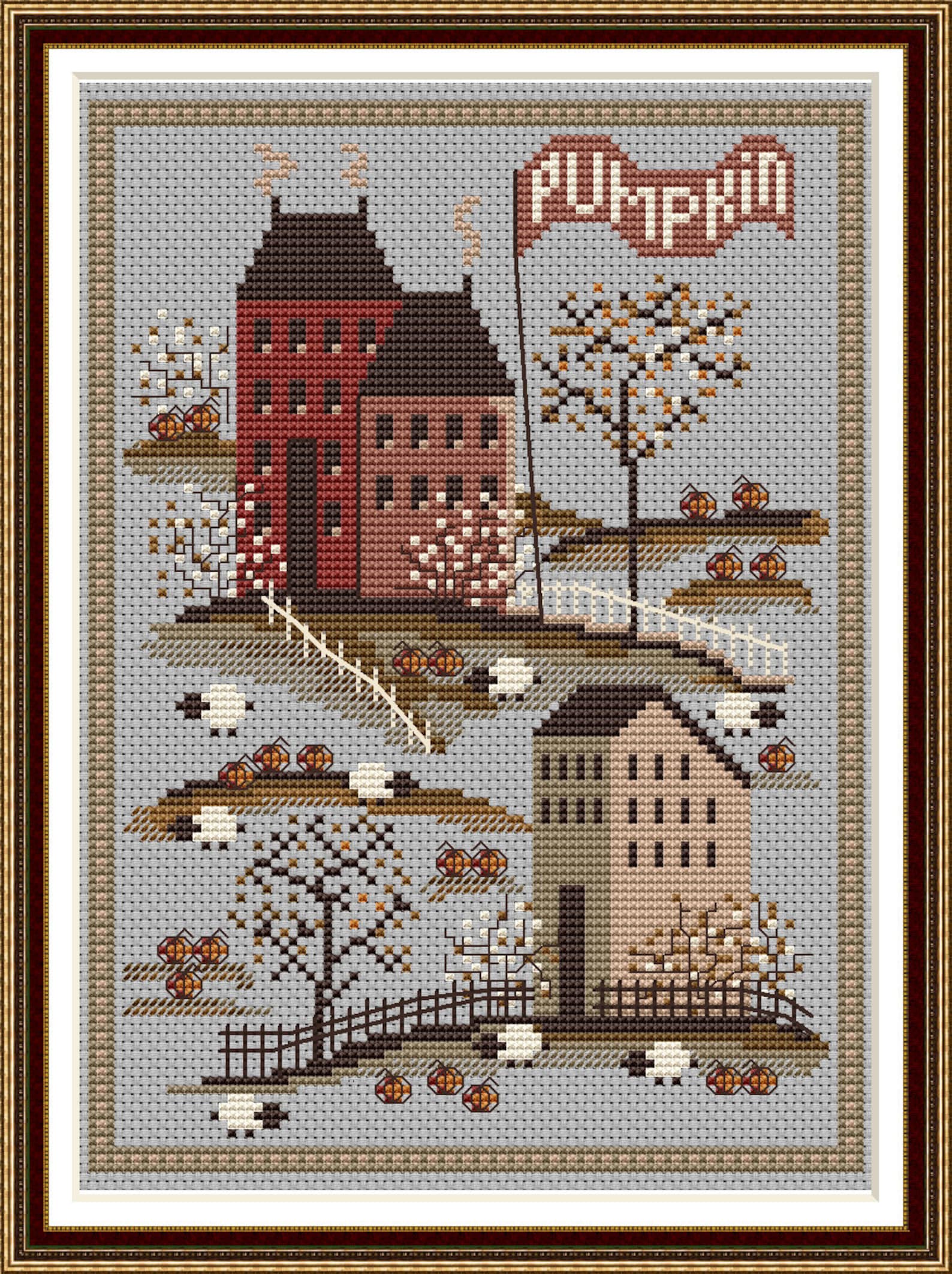 Sampler Autumn Village Pumpkins Cross Stitch Pattern Embroidery Digital ...