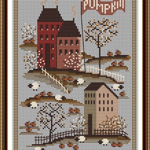 Sampler Autumn Village Pumpkins Cross Stitch Pattern Embroidery Digital ...
