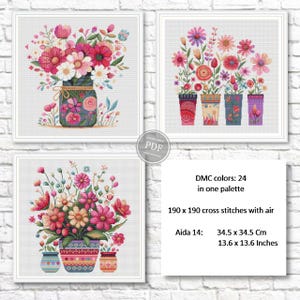 Puede incluir: Tres diseños florales en punto de cruz enmarcados. Los diseños presentan flores coloridas en jarrones y tarros. El texto de la imagen dice: "Colores DMC: 24 en una paleta, 190 x 190 puntadas de cruz con aire, Aida 14: 34,5 x 34,5 cm".