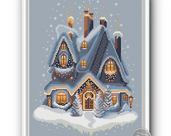 May include: A cross-stitch pattern of a blue and white house with snow on the roof and yellow windows. The house is surrounded by snow and trees. The background is a light blue sky with white snowflakes.