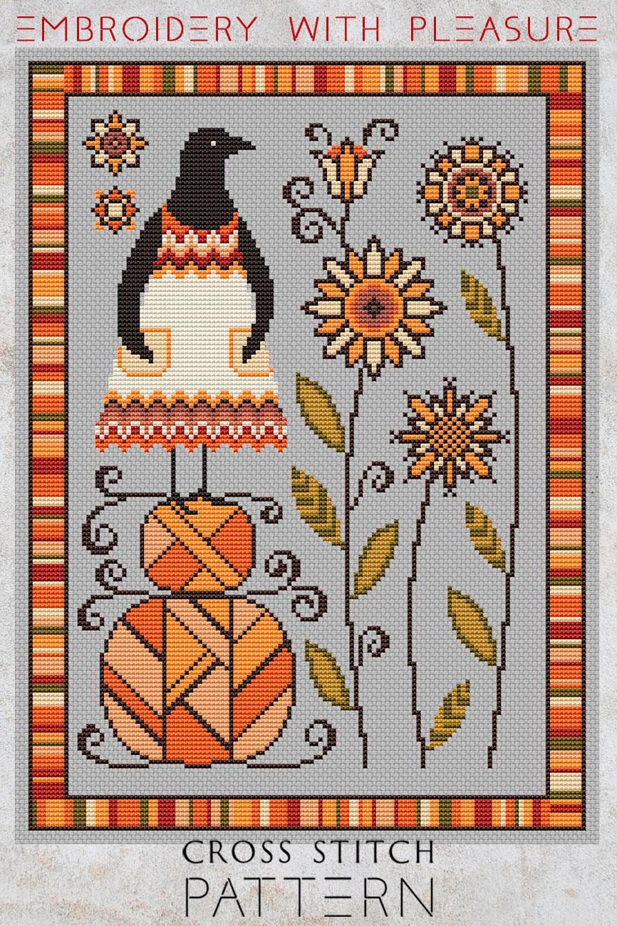 Autumn Sampler Cross Stitch Pattern PDF Crow Xstitch Pumpkin Primitive ...