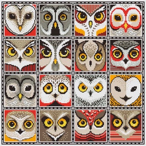Puede incluir: Un collage de 16 caras de b&uacute;hos diferentes, cada una con colores y patrones &uacute;nicos. Los b&uacute;hos est&aacute;n representados en un estilo pixelado, que recuerda a la bordado de punto de cruz.