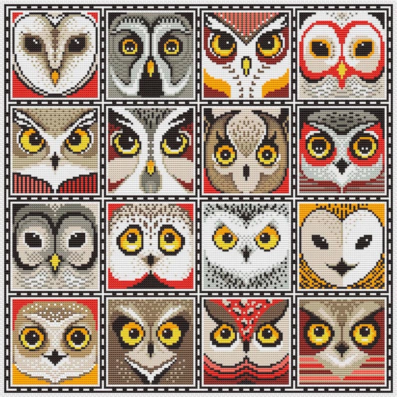 Puede incluir: Un collage de 16 caras de b&uacute;hos diferentes, cada una con colores y patrones &uacute;nicos. Los b&uacute;hos est&aacute;n representados en un estilo pixelado, que recuerda a la bordado de punto de cruz.