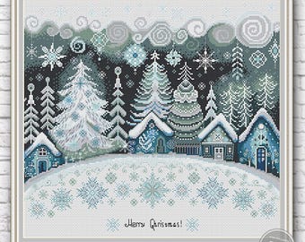 Gráfico de Ponto Cruz de Natal, Floresta de Inverno Primitiva, Vila Nevosa, Amostra de Natal, Gráfico de Ponto Cruz Contado em PDF 542-A