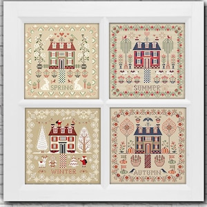 4 Seasons Village Cross Stitch Pattern Set PDF – Spring Summer Autumn Winter House & Garden Sampler, Instant Download 316