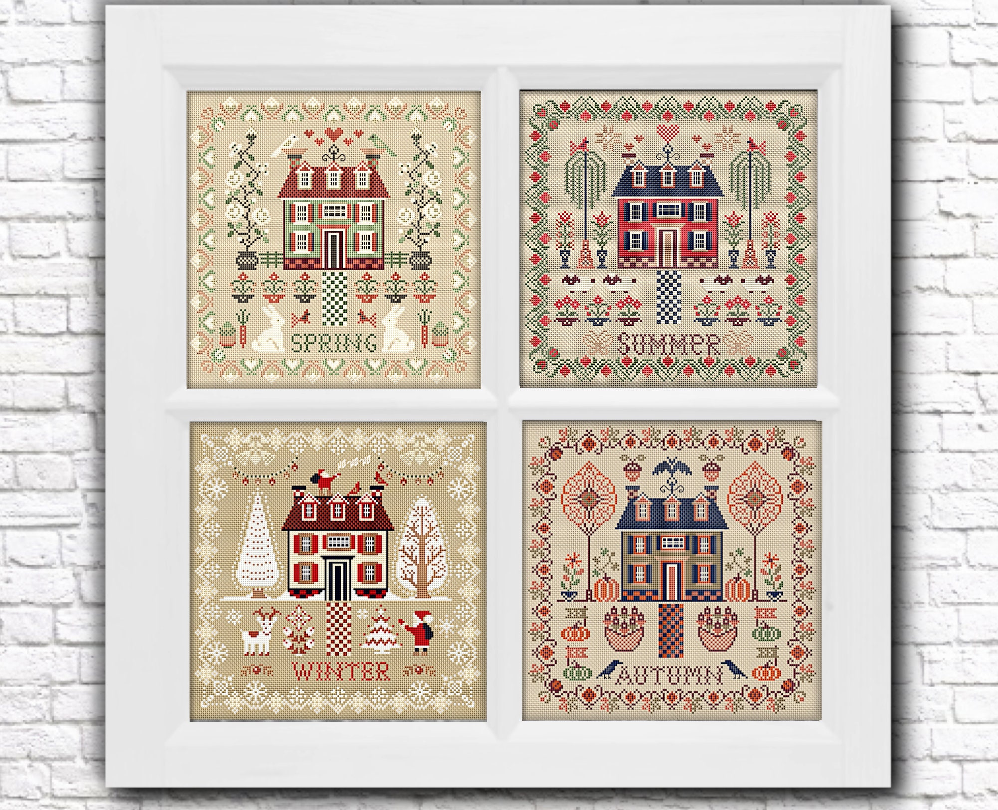 4 Seasons Village Cross Stitch Pattern Set PDF – Spring Summer Autumn Winter House & Garden Sampler, Instant Download 316