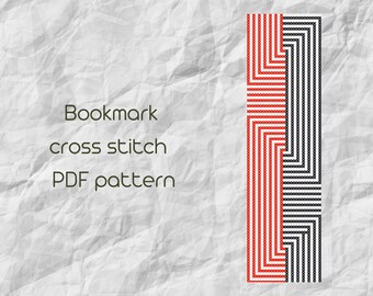 Peut inclure: Un modèle de point de croix pour un marque-page avec un motif géométrique à rayures rouges et noires.
