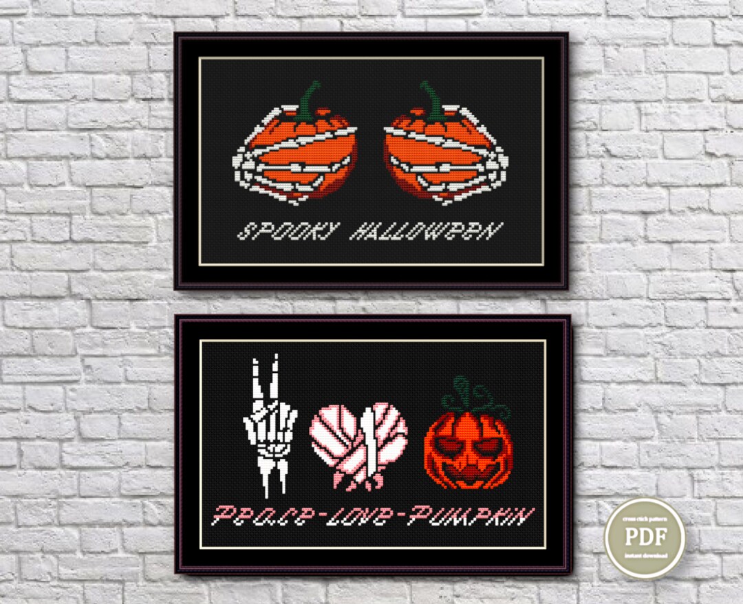 Halloween Cross Stitch Pattern PDF, Spooky Pumpkin Embroidery, Skeleton ...