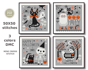 Halloween Cross Stitch Pattern Set 4 Patterns Jolly Halloween Ghost Pumpkin Skeleton PDF File Instant Download
